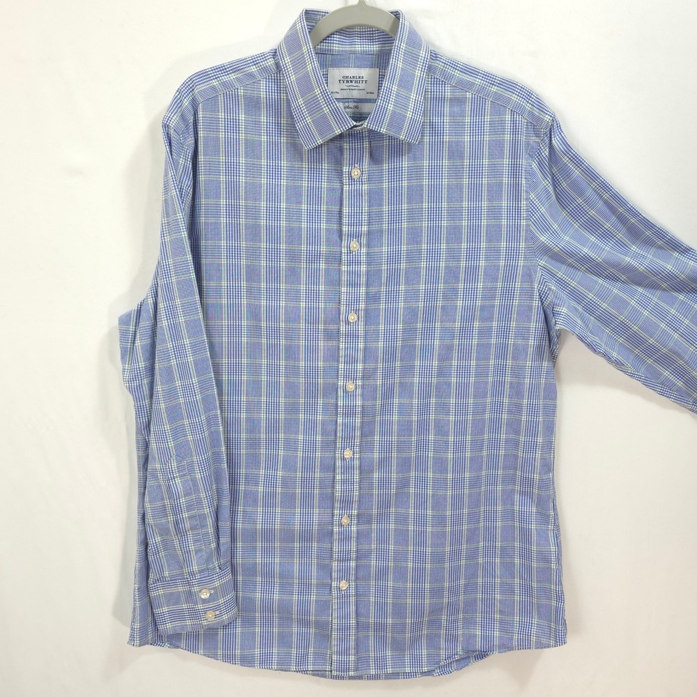 Charles Tyrwhitt Shirt Men 16.5/34 Slim Fit Multi Check Blue Green Preppy Office